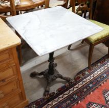 A square reconstituted marble and cast iron garden table, width 60cm, height 73cm