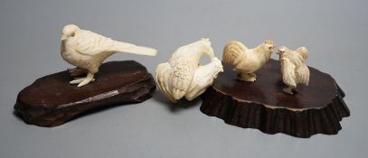 A Japanese Meiji period ivory bird with mother of pearl eyes, a Japanese group of three chickens and