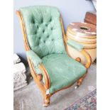 A Victorian mahogany green upholstered open armchair, width 66cm, depth 78cm, height 92cm