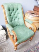 A Victorian mahogany green upholstered open armchair, width 66cm, depth 78cm, height 92cm