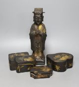 A Chinese bronze figure of an official and three Japanese lacquer boxes. Tallest 29cm