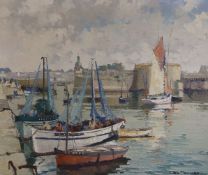 Léo Pernes (1912-1980), oil on canvas, French harbour scene, signed, 38 x 45cm
