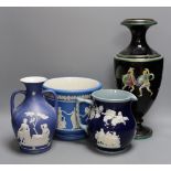 A jasper ware Portland style vase, together with a Jasperware jardiniere and vase, and a Spode jug -