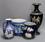 A jasper ware Portland style vase, together with a Jasperware jardiniere and vase, and a Spode jug -