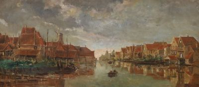 Dutch School c.1900, oil on wooden panel, View of a waterside town, 23 x 50cm