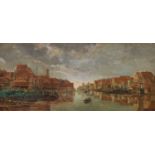 Dutch School c.1900, oil on wooden panel, View of a waterside town, 23 x 50cm