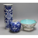 19th century Chinese ceramics, to include a jar, vase and hexagonal famille rose bowl - tallest 29.