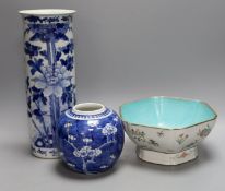 19th century Chinese ceramics, to include a jar, vase and hexagonal famille rose bowl - tallest 29.