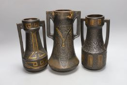 Three Bretby Arts and Crafts style pottery vases - tallest 26cm