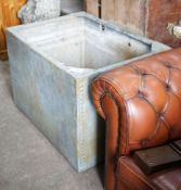 A rectangular galvanised water tank, width 90cm, depth 65cm, height 60cm