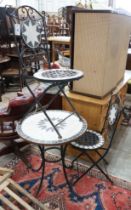 A wrought iron mosaic top circular bistro table, diameter 60cm, height 70cm together with a pair
