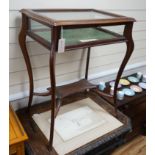 A late Victorian mahogany bijouterie table, width 60cm, depth 44cm, height 76cm