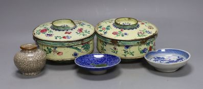 A pair of 18th/19th century Chinese Canton enamel bowls and covers, together with a Chinese