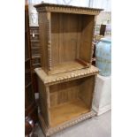 An early 20th century continental oak and pine two part open bookcase W 87 cm, D 42 cm, H 176 cm.