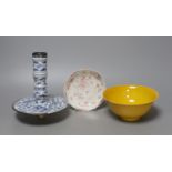 Three Chinese ceramics, including a yellow bowl with inscription to base, 7cm tall, blue and white