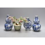 A pair of Chinese blue and white double gourd vases, similar moonflask and flower ornament 18cm