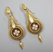 A pair of antique yellow metal, split pearl and diamond chip set drop earrings, overall 54mm,
