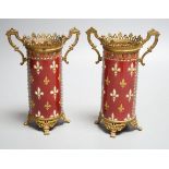 A pair of German or Austrian jewelled porcelain gilt metal mounted vases - 13cm tall