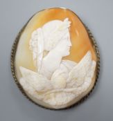 A large white metal mounted oval cameo shell brooch, carved with the Goddess Diana and eagle, 75mm.