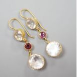 A pair of yellow metal, rock crystal and garnet? set three stone drop earrings, overall 37mm,