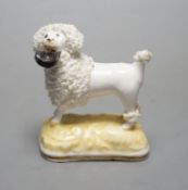 A rare Samuel Alcock porcelain figure of a standing poodle holding a hat in its mouth, c.1835-50,