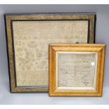 A George III 1794 sampler and a 19th century Jane Alder Shipton sampler. Largest 36x37cm excl frame