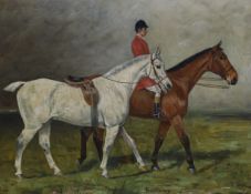 George Paice (1854-1925), oil on canvas, Huntsman leading named horses, Athelstone and Bartlemy,