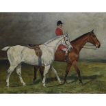 George Paice (1854-1925), oil on canvas, Huntsman leading named horses, Athelstone and Bartlemy,