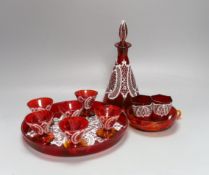 A Venetian red enamelled glass lace-pattern liqueur set
