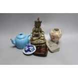 Assorted Chinese and Japanese items including a Yixing tea pot, Tibetan buddha etc.