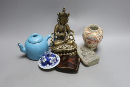 Assorted Chinese and Japanese items including a Yixing tea pot, Tibetan buddha etc.