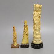 A Japanese walrus ivory figure of Kwannon and two Chinese hippo tusk? figures, early 20th century (