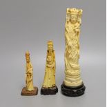 A Japanese walrus ivory figure of Kwannon and two Chinese hippo tusk? figures, early 20th century (