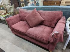 A contemporary plum fabric two seater settee, length 176cm, depth 84cm, height 86cm