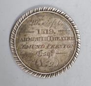 A late George III silver theatre ticket inscribed 'Proprietors Transferable Ticket', verso '29th