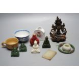 Assorted Chinese items including bronze Tibetan buddha, jades etc, Buddha 13 cms wide.