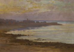 Beatrice Bright (1861-1940), oil on millboard, Coastal landscape at sunset, signed, 25 x 35cm