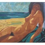 Modern Continental, oil on canvas, Female nude on a beach, indistinctly signed, 110 x 120cm,