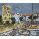 Andre Bufi (Bernard Dufour, 1922-2016), ink and acrylic on canvas, Mediterranean harbour scene,