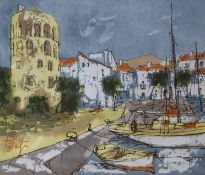 Andre Bufi (Bernard Dufour, 1922-2016), ink and acrylic on canvas, Mediterranean harbour scene,