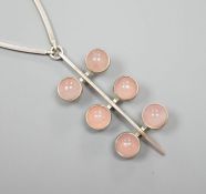 A stylish Danish 925 and rose quartz set necklace, by Niels From, stamped '925 From', 56cm.