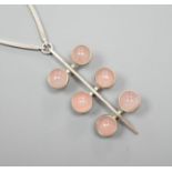 A stylish Danish 925 and rose quartz set necklace, by Niels From, stamped '925 From', 56cm.