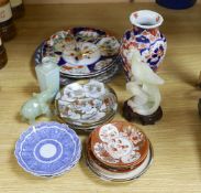 Selection of various Chinese and Japanese ceramics, together with a jade elephant and bowenite