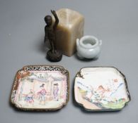 Assorted Chinese items including Canton enamel dishes, bronze standing buddha, jadeite censor,