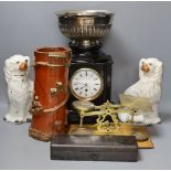 A pair of Staffordshire dogs, together with a pottery brush pot, Howell James mantle clock and other