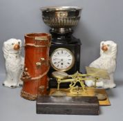 A pair of Staffordshire dogs, together with a pottery brush pot, Howell James mantle clock and other