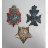 A Khedive's Star, Egypt 1882 and two cap badges.