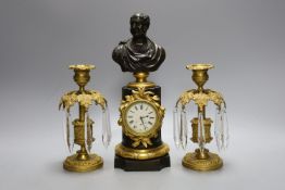 A bronze and ormolu bust mounted pedestal timepiece and a pair of gilt metal lustres 27cm