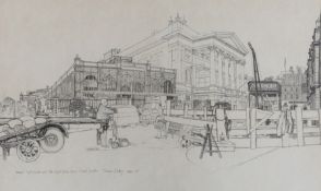 Terence Dalley (1935-), monochrome print, Foreign fruit market and The Royal Opera House, Covent