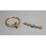 A small 375 yellow metal and three stone turquoise set bar brooch, 29mm, gross 1.1 grams and a